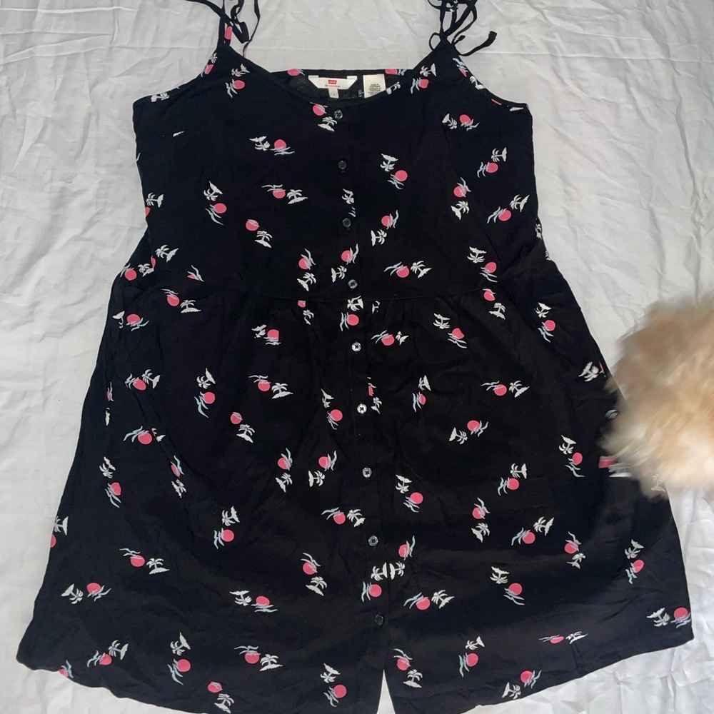 Black mini dress with palm trees and sunset designs